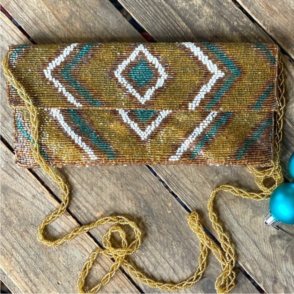 Expressions Gold Beaded Bag Teal Cream Accents Perfect Size 5x10 Favorites SALE